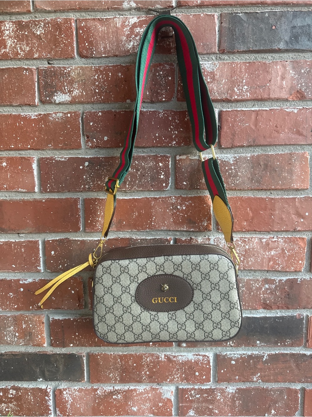 Monogram Crossbody Bag with Green-Red Strap